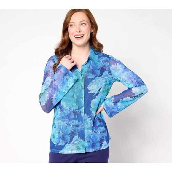 Isaac Mizrahi Live Printed Mesh Long Sleeve Button Front Shirt Size L Floral - Picture 1 of 12